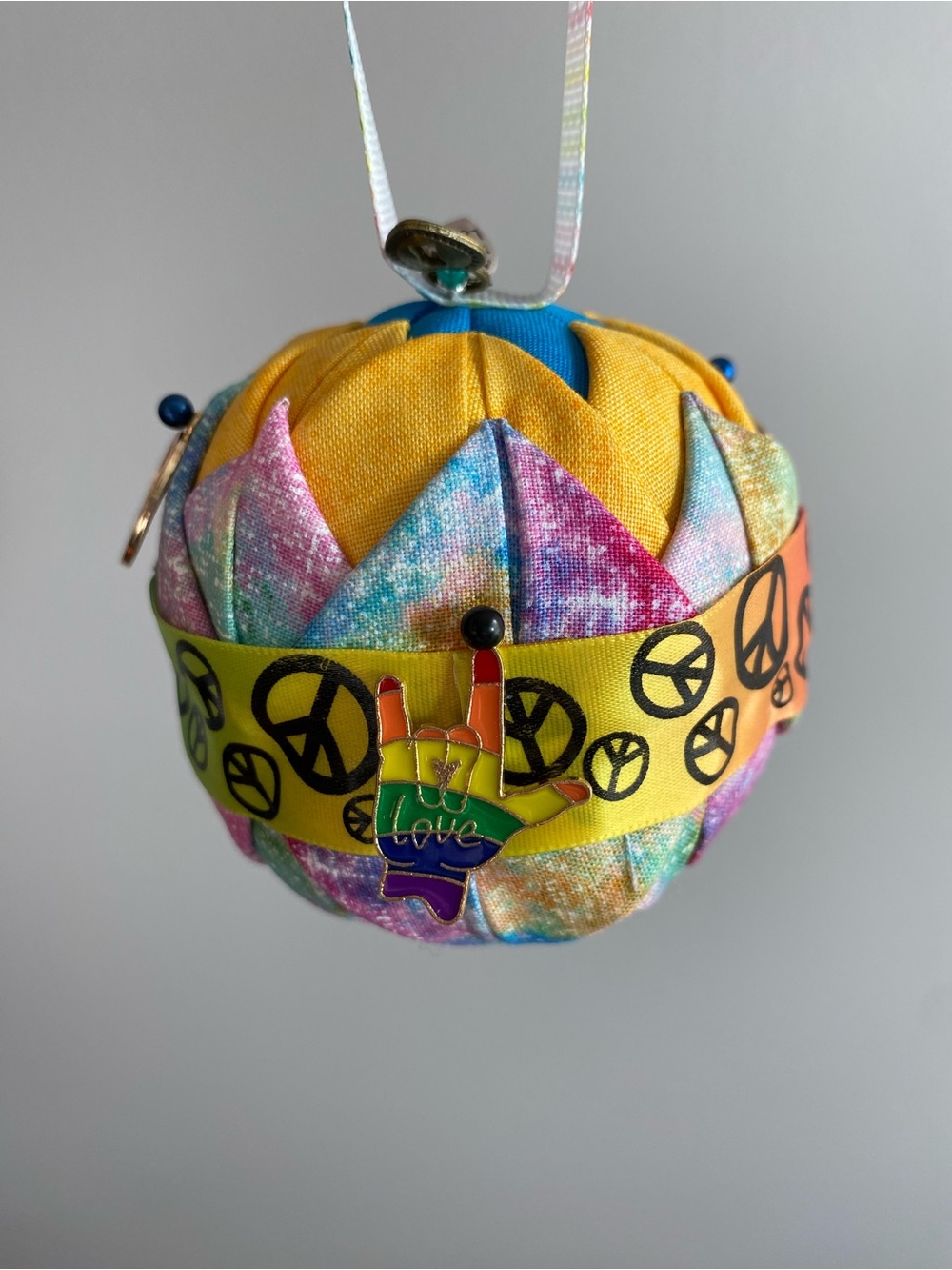 Pride Hand Crafted Ornament with Peace Signs and Colorful Charms and Fabrics